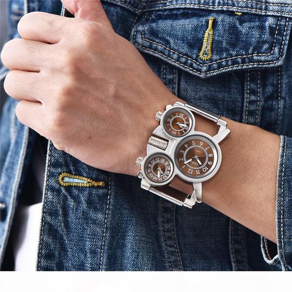 

oulm mesh steel 1167 model men's watches 3 colors 3 time zone unique male quartz watch casual sports men wristwatch reloj hombre, Slivery;brown