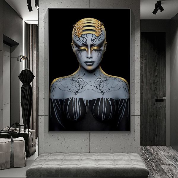 

abstract dark woman black gold gir canvas art painting posters wall art picture for living room home decor (no frame
