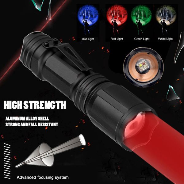 

flashlights torches hunting 4 color in 1 multi-color white/green/red/blue aluminum torch lamp tactical for 18650 battery