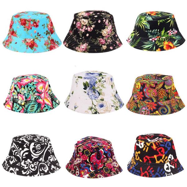 

fashion cotton flower reversible bucket hat outdoor sports fishing cap vacation beach floral panama wide brim fisherman sun hat, Blue;gray