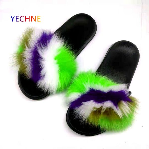 

the new multi-color is unique real fox fur women's slippers fluffy lovely furry shoes fashion fur slides, Black