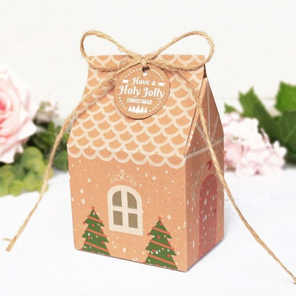 

5 sets cartoon house shape kraft paper boxes with ropes christmas tree candy gift bags cookie packaging boxes party decoration