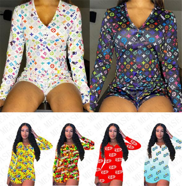 

summer fashion shorts romper for women luxury long sleeve jumpsuit button playsuit designs letters printing one piece shorts cloth d72713, Blue