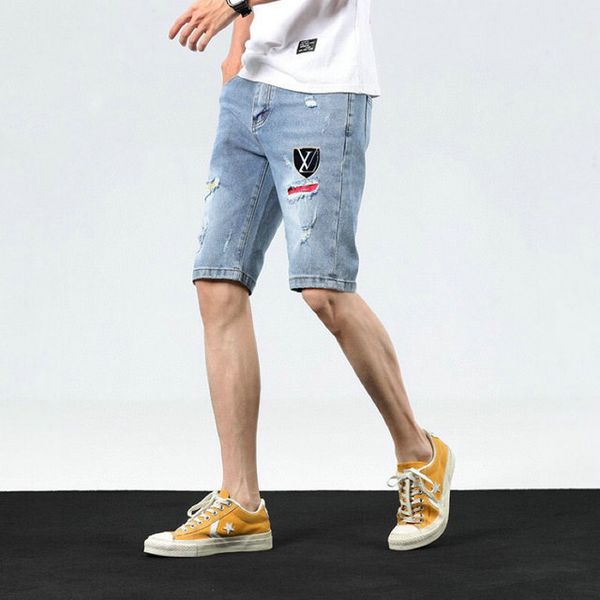 

2020 fashion style straight slim fit summer trend men's denim short embroidery animal pants holes jeans mens designer shorts, Blue