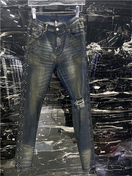 

new arrivals fashion mens designer streetwear zipper casual mens slim fit pants high street destroyed biker denim size w29-w36, Blue