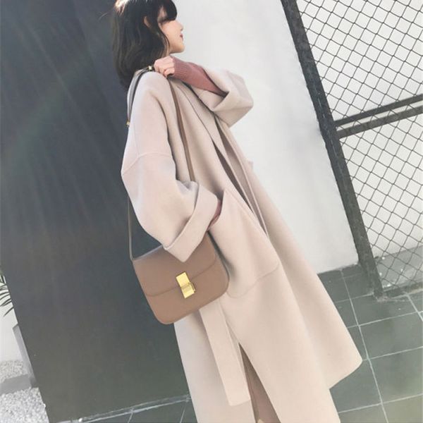

women's wool trench coat winter autumn fashion jacket with belts korean-style mid-length autumn loose wool coat with pocket, Black
