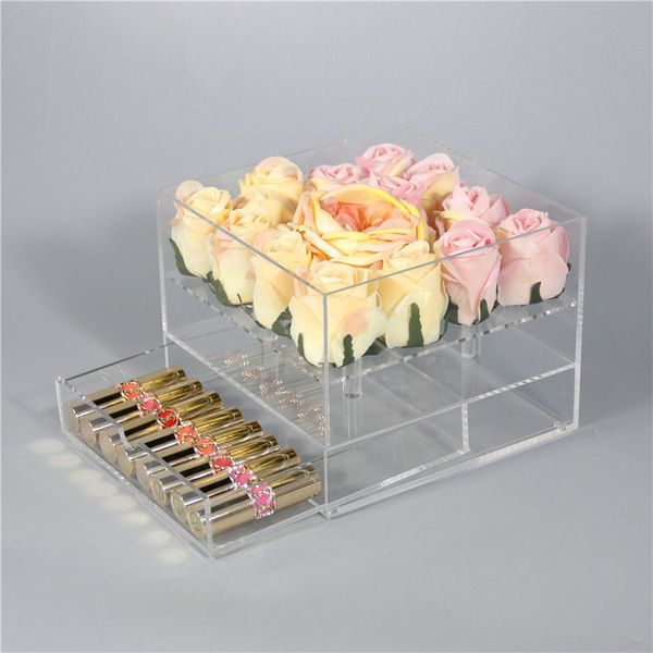 

new clear acrylic rose flower box with drawer makeup organizer valentine's day wedding gift flower drawer box with cover wholesale, Black;white