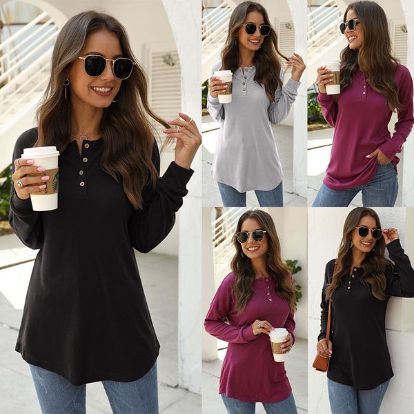 

women's t-shirt henley pullover shirts v neck long sleeve tunic button up shirt casual loose tees, White