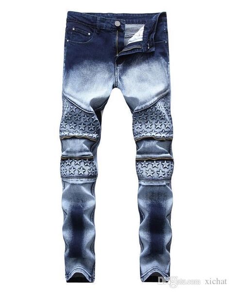 

big size jeans 2018 autumn new men's washed star embossing jeans denim pants slim casual streight leg jeans size 28-42 tx, Blue