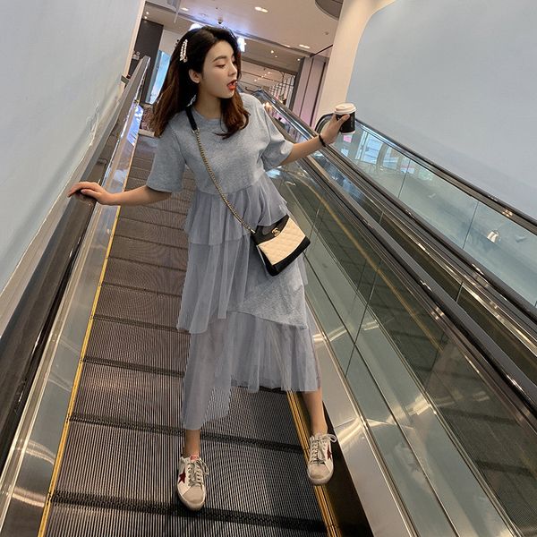 

new 2019 fashion elegant mesh party dress women o-neck short sleeve summer dress plus size loose a-line casual vestidos female, Black;gray
