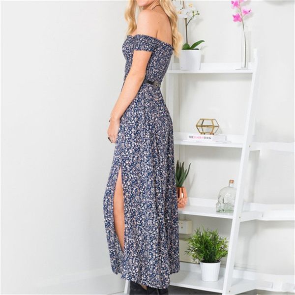 

2020 strapless summer dress vintage bohemian long maxi dress robe floral printed women slash neck split casual dresses vestido, Black;gray