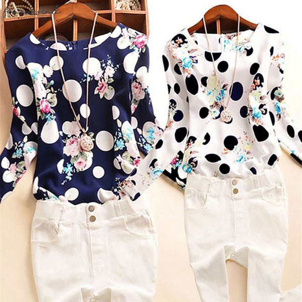 

womens clothing ladys polka dots floral printed shirts o neck long sleeve casual blouse drop shipping, White