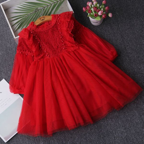

girl dress 2020 spring lantern sleeve kids princess birthday party dress children clothes with pearls 4-12y t200709, Red;yellow