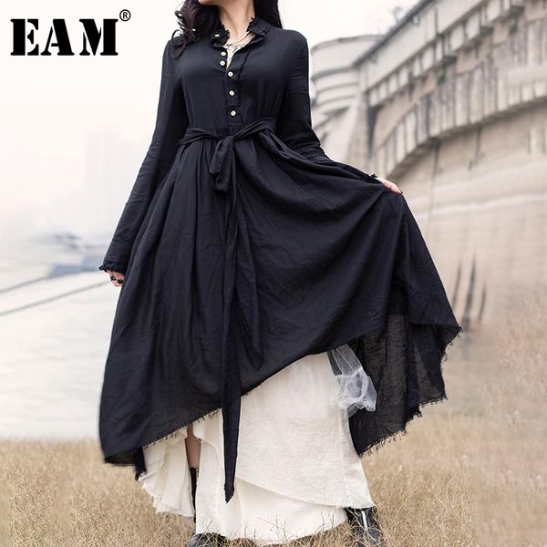 

casual dresses [eam] women black pleated irregular long dress stand collar sleeve loose fit fashion tide spring summer autumn 2021 jr474, Black;gray