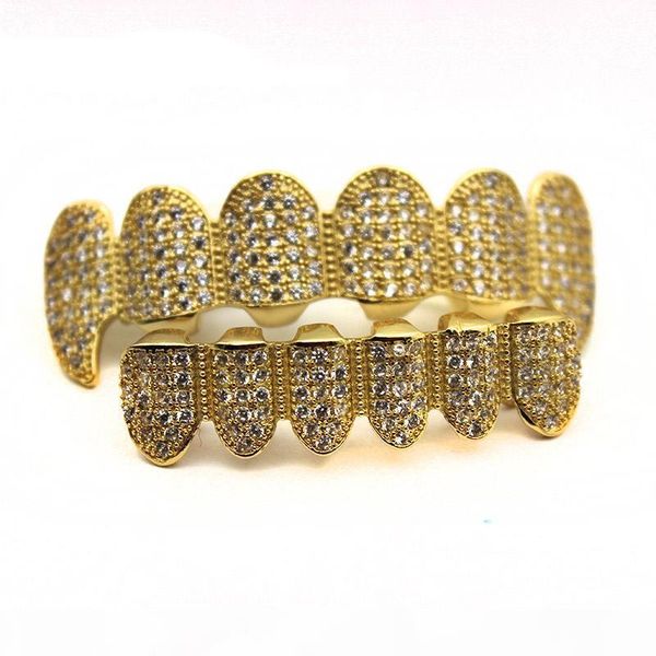 

new custom fit gold plated full high grade exclusive luxury cubic zircon & bottom gold grillz set vampire classic teeth for women men, Black