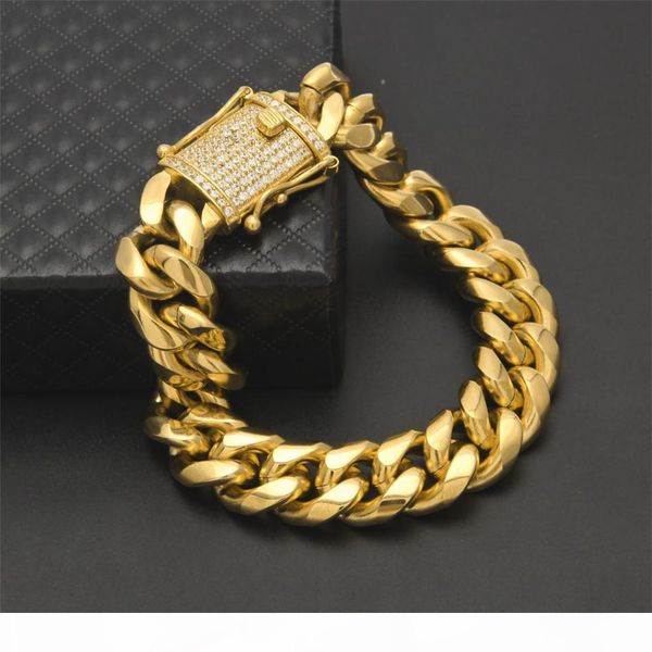 

14mm mens cuban miami link bracelet rhinestone clasp iced out gold silver stainless steel chain bracelet 21cm, Golden;silver