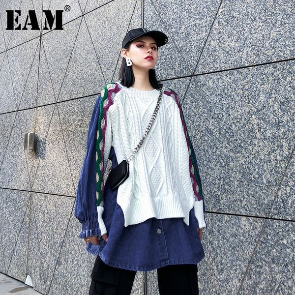 

eam] женщины вязание split большой размер denim блуза new нагрудные с длинным рукавом сыпучие fit рубашка мода tide весна осень 2020 1k218, White