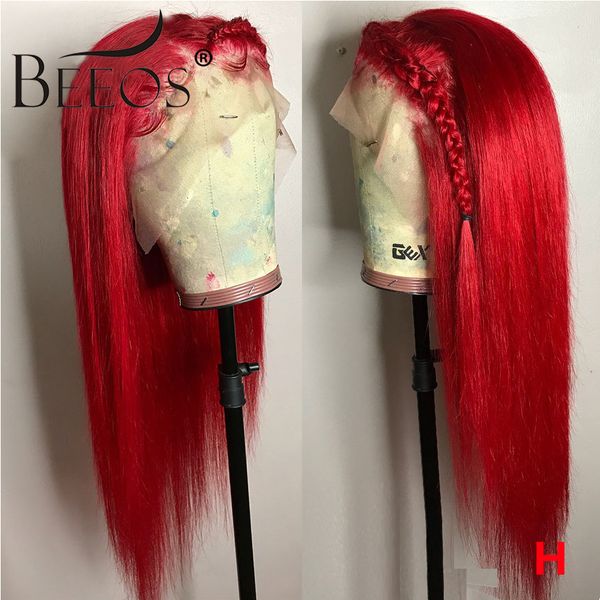 

beeos preplucked red colored 13*4 lace frontal human hair wigs long straight 150% peruvian remy invisible lace front, Black