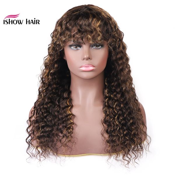 

ishow brazilian 4/27 ombre deep wave human hair wigs with bangs peruvian deep curly none lace wigs indian malaysian for black women, Black;brown