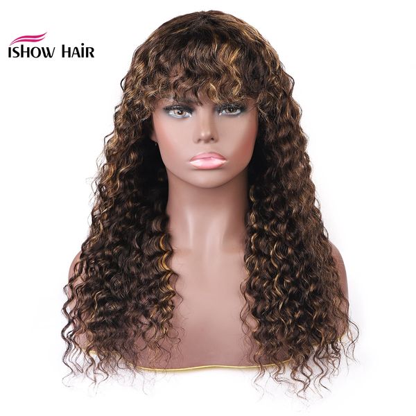 Ishow brasileiro 4/27 Ombre Wave Deep Human Wigs com franja peruana profunda encaracolada nenhuma renda perucas indianas Malásias para mulheres negras