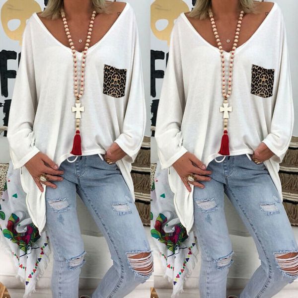 

plus size summer 2020 women streetwear casual loose leopard pocket batwing long sleeves plain baggy casual tunic, White