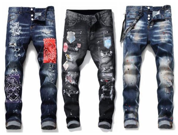 

mens rips stretch black jeans fashion slim fit washed motocycle denim pants panelled hip hop trousers 76y2, Blue