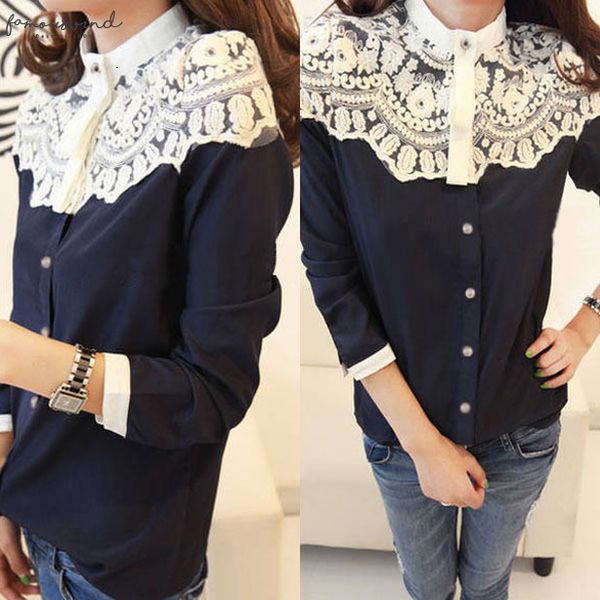 

women fashion lace floral women chiffon shirt lace button down long sleeve loose ladies blouse shirt vadim*, White