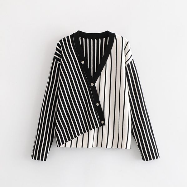 

2020 fashion stylish new diagonal button stripe stitching sweater women v-neck cardigans striped sweaters single breasted, White