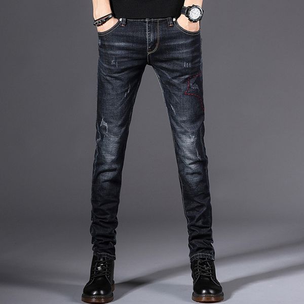 

2020 new high-quality casual slim men jeans elastic male pencil pants slim jeans many choices student young, Blue