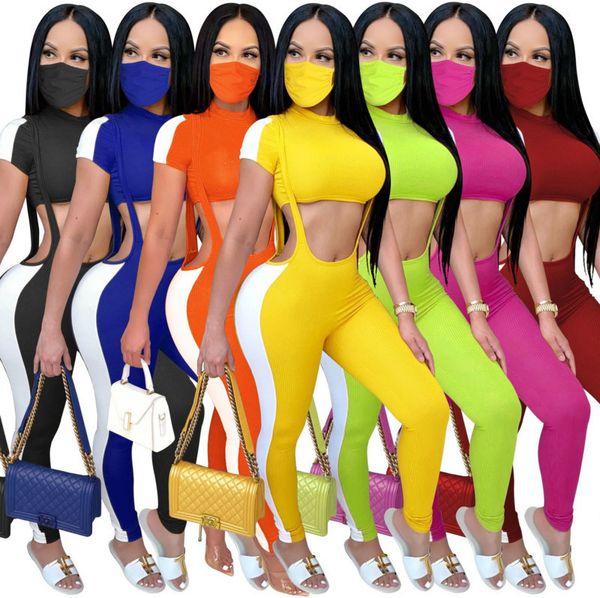 

new women 2 piece set designer waist-exposed short sleeve suspender trousers tracksuit club fashion tight long pants casual sports suit ty16, Gray