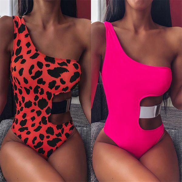 

one piece brazilian bikini mujer 2020 hollow out swimsuit women push up one shoulder solid swimwear solid bathing suit new, White;black