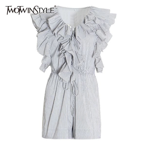 

twotwinstyle striped patchwork ruffle women's jumpsuit v neck sleeveless high waist lace up jumpsuits female fashion new 2020, Black;white