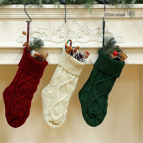 

small 37cm hanging socks wool christmas socks knitted wool candy bag rhombus christmas gift bag, Pink;yellow