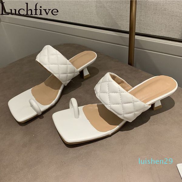 

fashion split toe mules women summer vacation party shoes black white yellow square toe high heels sandals leather slippers lady l29