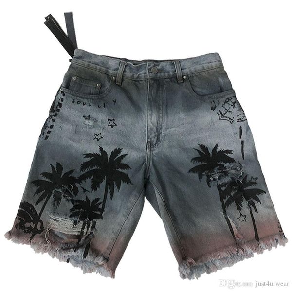 

mens brand summer fashion coconut tree jeans hawaii beach hole straight jeans loose knee length male pants, Blue