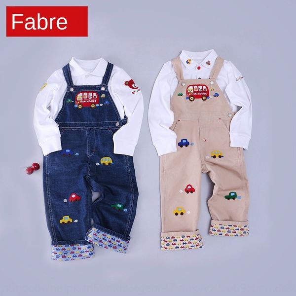 

miki children's fashion brand cartoon car embroidery belt bucks long-sleeved t-shirt embroidered pants t-shirt pants, Blue