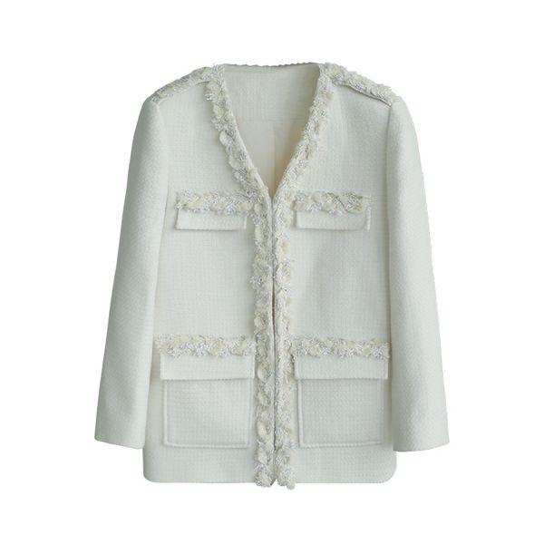 

elegant wool coat women 2020 autumn winter ladies coats v-neck covered buttons tassel edged loose long wool coat tweed jacket, Black