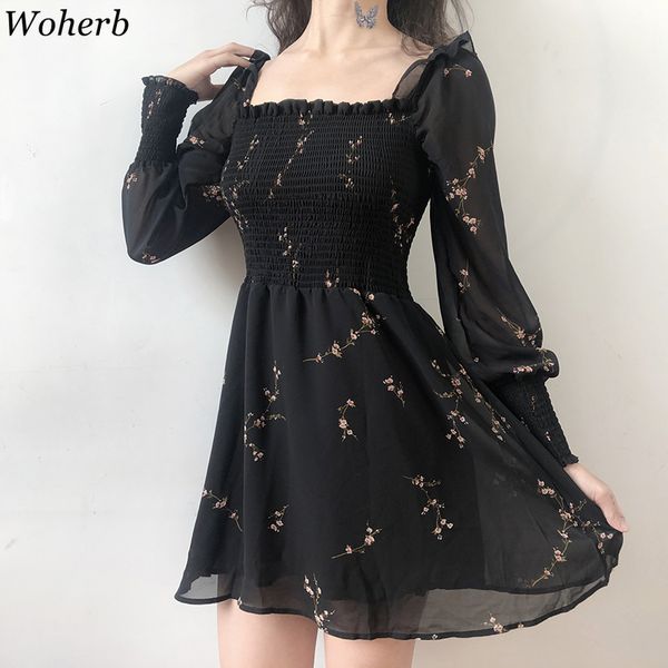 

woherb 2020 summer womens black dress vintage flower long puff sleeve chiffon dresses korean casual mini vestidos mujer 21593, Black;gray