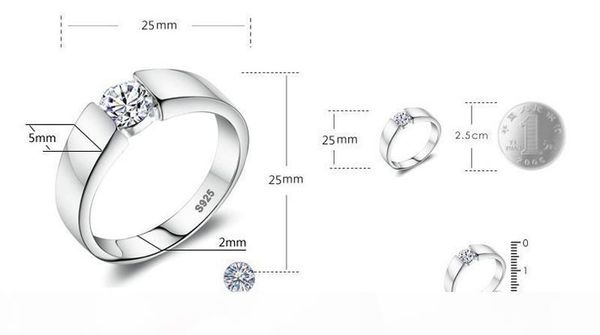

l sent certificate 100 %solid 925 silver rings round solitaire cz zircon wedding rings fashion jewelry for women and men kprd10, Slivery;golden