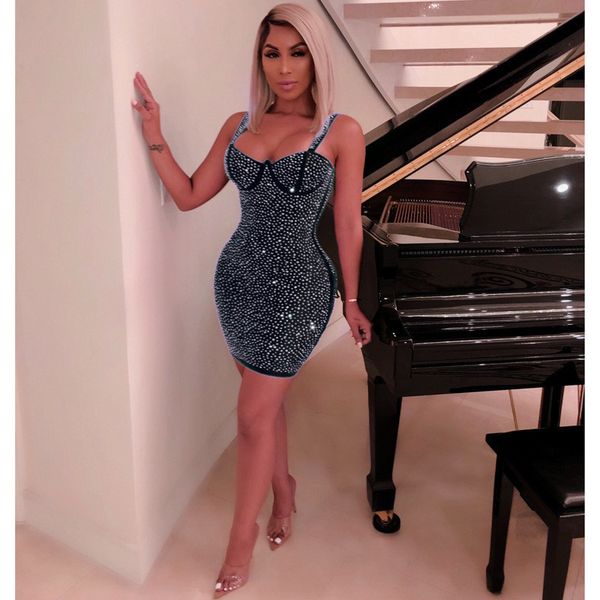 

summer european and american style sling dress strapless rhinestone solid color open back irregular print mini skirt, Black;gray