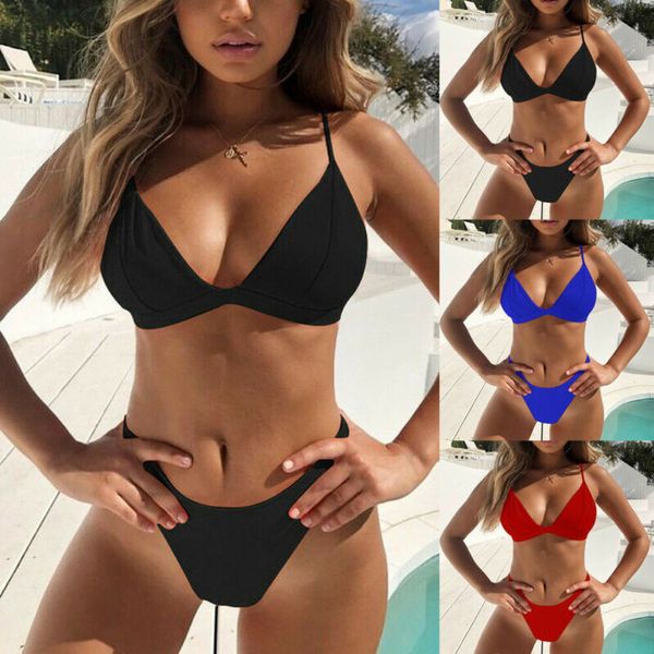 

summer bikini set women swimsuits solid red black blue bikini 2020 backless swimwear female low waist suit monokini, White;black