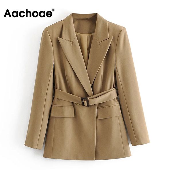 

aachoae women office wear khaki blazer with belt 2020 double breasted vintage jacket coat solid long sleeve elegant blazers, White;black