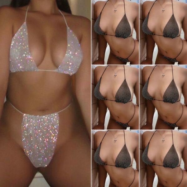 

crystal bikini women push up solid padded bra rhinestone bikini set triangle swimwear swimsuit bathing beachwear, White;black
