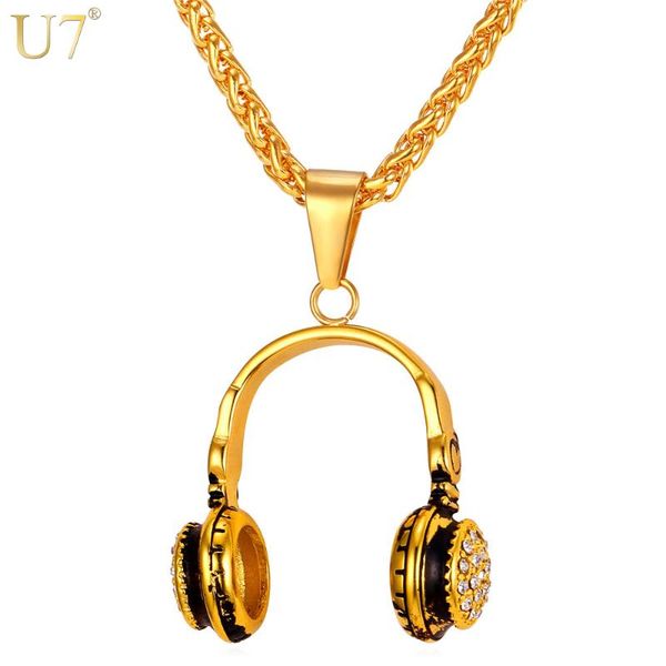 

u7 music necklace headphone charm pendant & chain stainless steel gold color hiphop rock jewelry for men/women gift p867, Silver