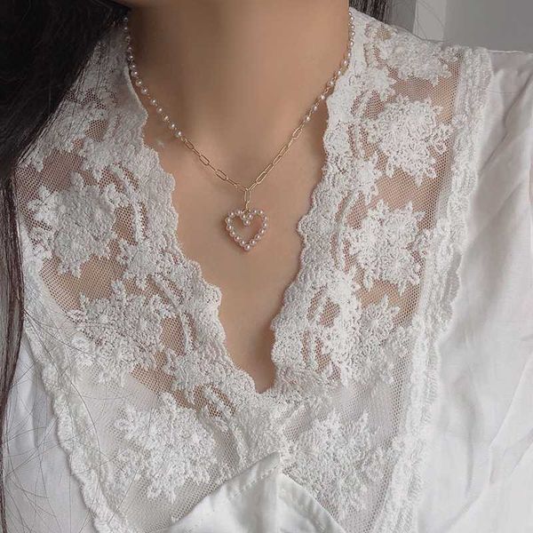 

2020 kopo classic women heart necklace pendant cute girl pearl necklace collar link chain jewelry statement gift, Silver