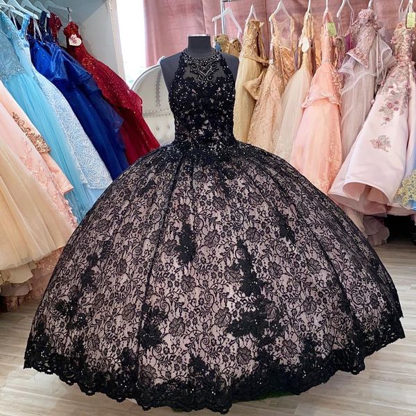 

black lace sheer neck quinceanera prom dresses ball gown crystal beaded corset back evening formal gowns sweet 16 vestidos de dress, Blue;red