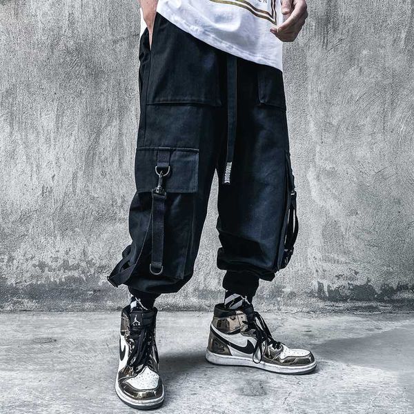 

11 bybb's joggers cargo ribbon sweatpants fashion pant men pocket dark ankle-length pants streetwear male bb55 dxnkp, Black
