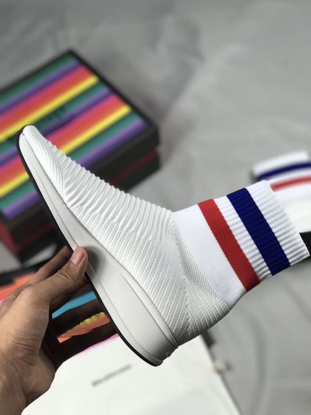 

2019 fashion speed stretch-knit womens designer sock girls luxury trainers race runners black white stripes slip on casual shoes size cs04