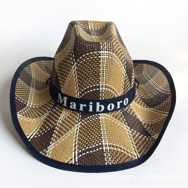 

plaid straw western cowboy straw woven cowboy sun sun bamboo mat sunshade hat male and female curling letter sunshade fishing hat, Blue;gray