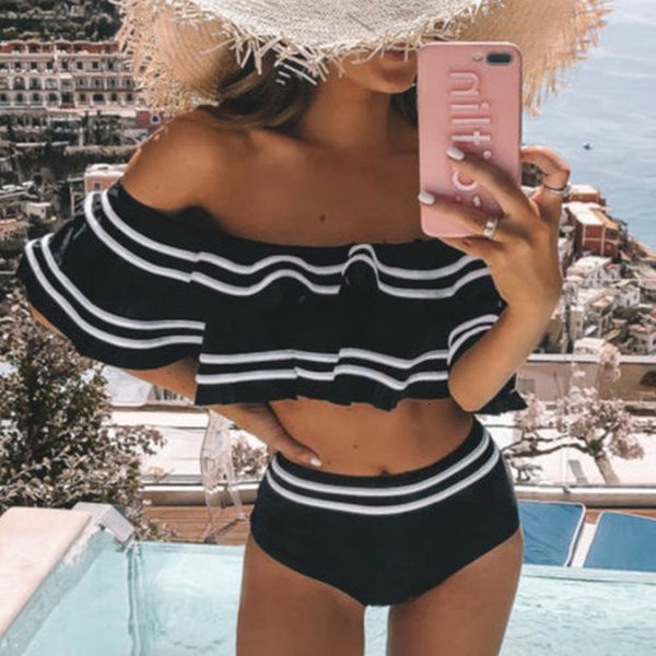 

ruffle bikinis set high waist bikini 2020 two pieces swimsuit women striped bathing suts solid swimwear bare shoulder beachwear, White;black